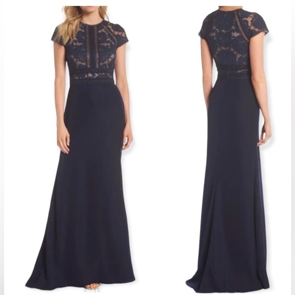 Tadashi Shoji Dresses & Skirts - TADASHI SHOJI Navy Blue Catrine Lace Bodice Crepe Gown Maxi Dress size 10